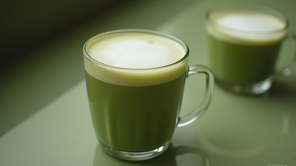 Eye-level view of a glass filled with matcha latte topped with foam