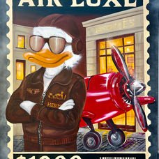 Peinture contemporaine intitulée Air Luxe, représentant une silhouette stylisée prête à décoller devant un avion rouge. Œuvre pop art signée GNelly, mêlant élégance, liberté et ironie du luxe.