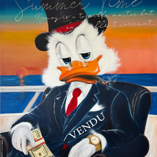 Peinture pop art de GNelly intitulée Sunset Millionnaire, représentant élégance, billet à la main, sur fond de coucher de soleil luxueux. Œuvre acrylique.