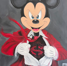 Peinture pop art de GNelly intitulée Captain Rouge et Noir, représentant un personnage héroïque en rouge et noir sur fond graphique. Œuvre acrylique contemporaine.