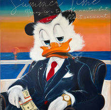 Peinture pop art de GNelly intitulée Sunset Millionnaire, représentant élégance, billet à la main, sur fond de coucher de soleil luxueux. Œuvre acrylique.