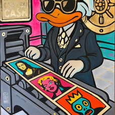 Peinture pop art de GNelly intitulée Captain Rouge et Noir, représentant un personnage héroïque sur fond graphique. Œuvre acrylique contemporaine.