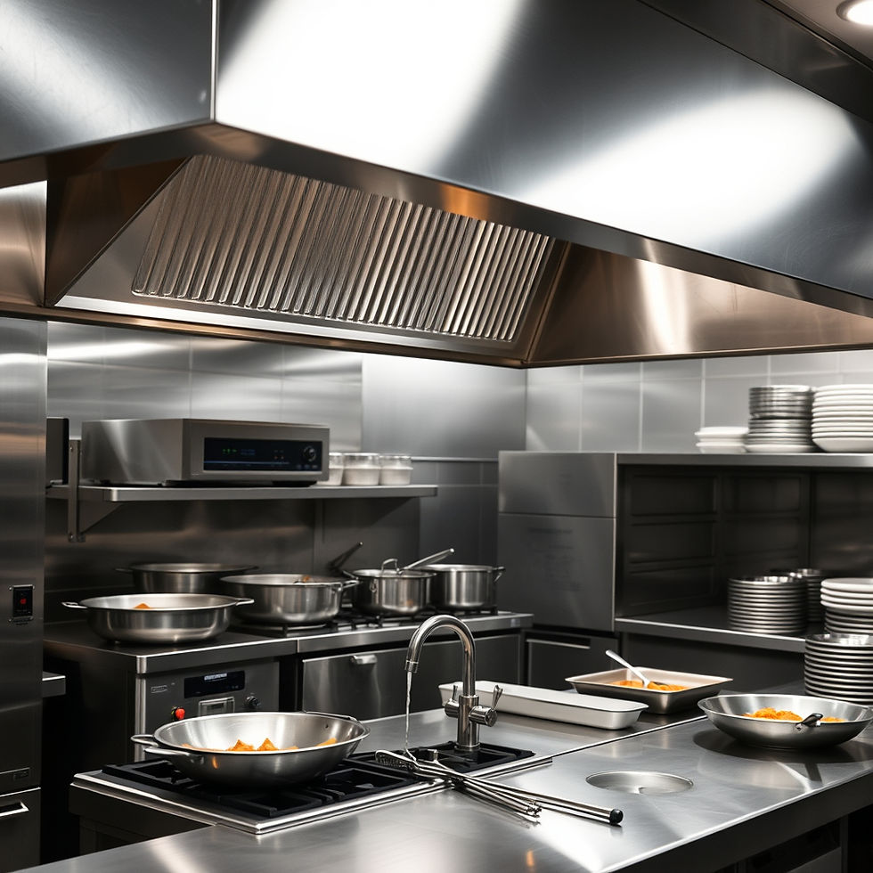 commercial cooking equipment in a fully stainless steel kitchen under a commercial exhaust