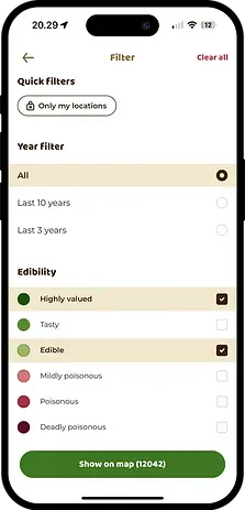 Mushroom app screen image with open filters for mushroom species and fungi edibility. Users can customize their mushroom ID search by selecting specific mushroom species and their edibility, which simplifies the search and helps mushrooms foragers find the perfect spot for mushroom foraging. This mushroom navigator feature enhances user convenience by considering their individual preferences.