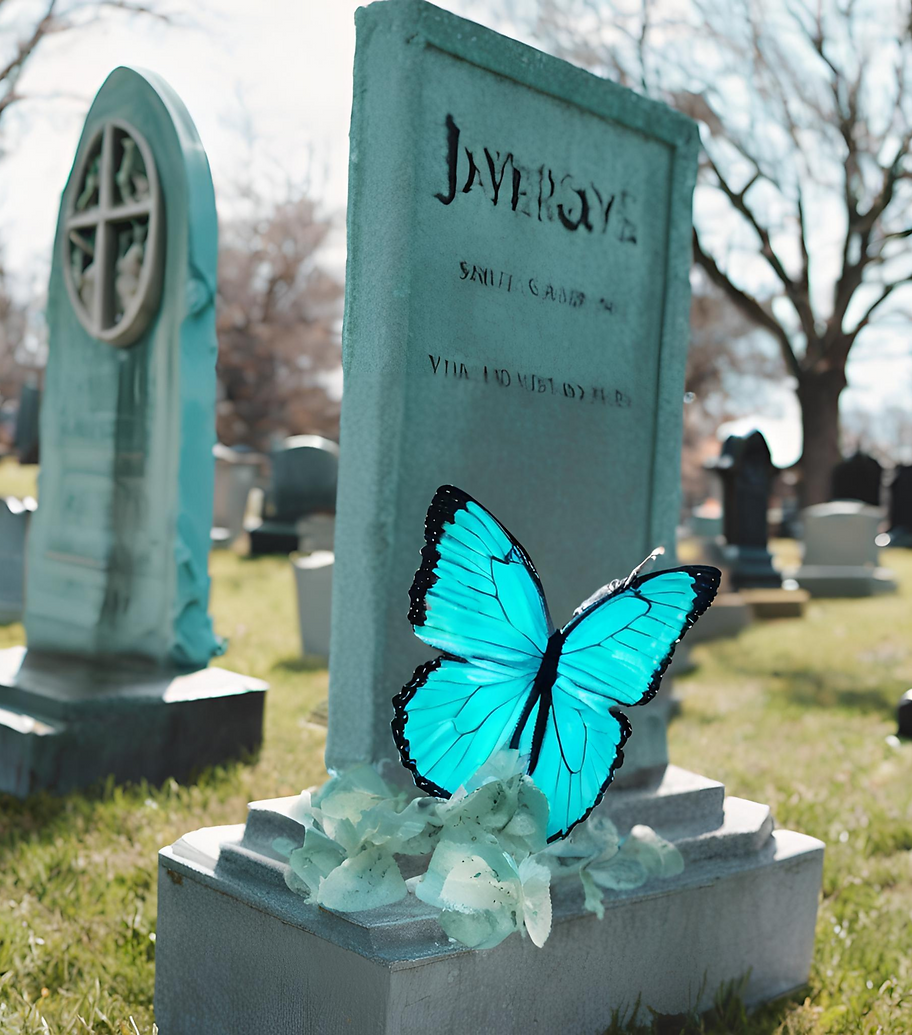 gravestones with a beautiful blue butterfly flying past