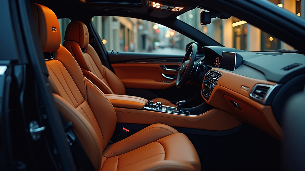 High angle view of a luxury car interior with leather seats and ambient lighting