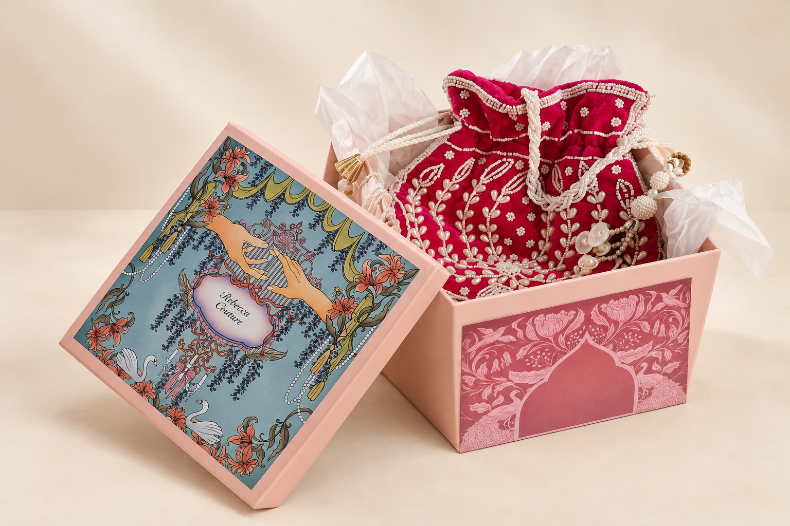Velvet Potli Bag with Custom Personalized Gift Box – Wedding Favors, Diwali Gift
