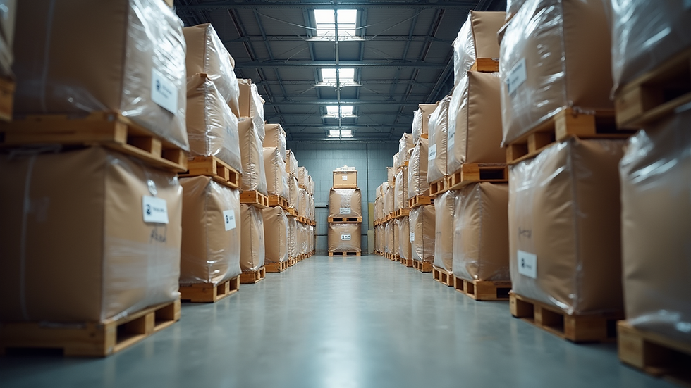 Eye-level view of a warehouse with neatly stacked raw material containers