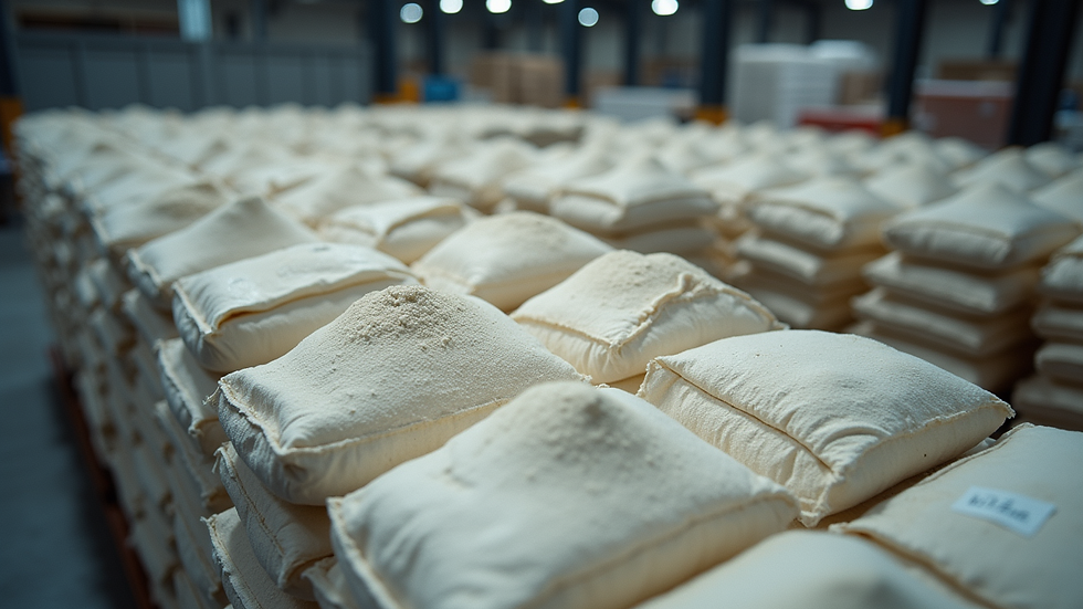 High angle view of bulk powder bags stacked in a warehouse