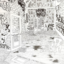A black and white pen drawing of the inside of an abandoned building. The walls are covered in graffiti. Plaster is falling off the walls into piles on the floor. Many floorboards are missing. Windows and doors are smashed. A broken chair is on the ground.