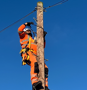 Telecommunications worker performing pole top rescue training while secured with a fall-arrest harness on a utility pole during overhead safety and working at heights training.