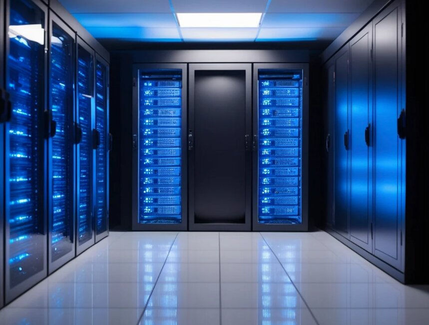 Modern data centre server racks and network infrastructure