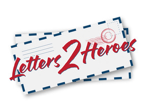 Envelope and stamp graphic with "Letters 2 Heroes" in bold red script. Blue border accents. Emphasis on communication and tribute.