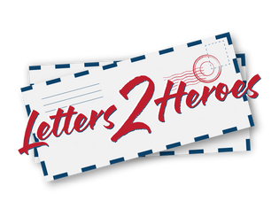 Envelope and stamp graphic with "Letters 2 Heroes" in bold red script. Blue border accents. Emphasis on communication and tribute.