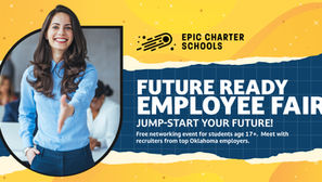 Smiling woman in a blue shirt extends hand for a handshake. Text: "Future Ready Employee Fair." Yellow and blue background with stars.