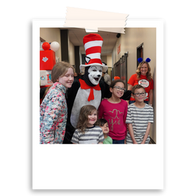Students posing with the Cat in the Hat