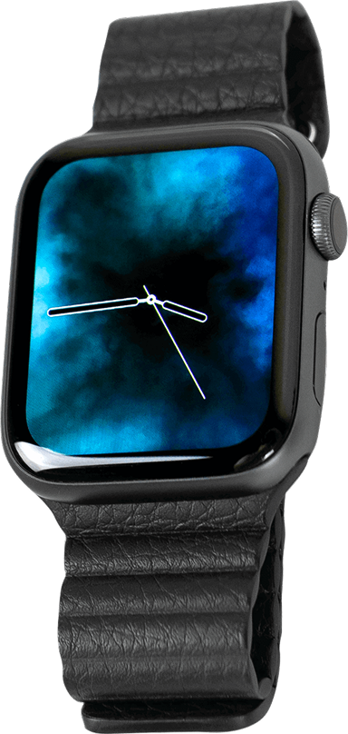 Black Apple Watch displaying a digital clock, against a blue background.