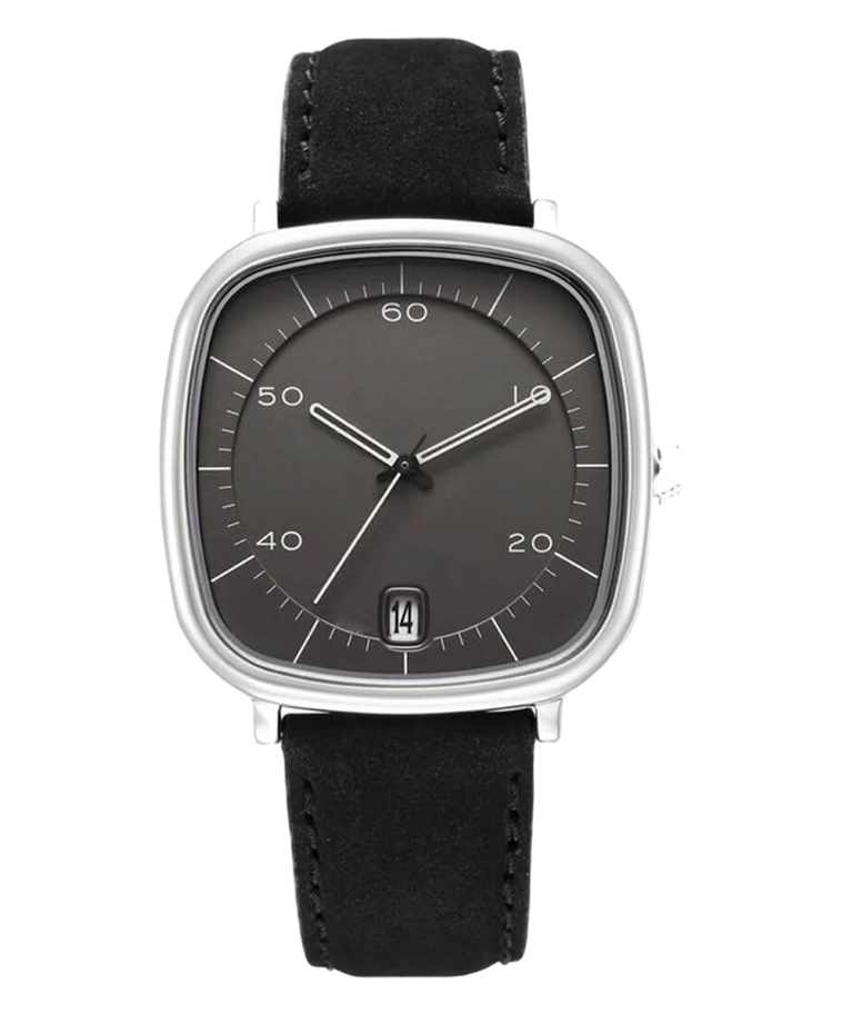 Silver watch with black leather strap, displaying the time, and Cloksy Nova.