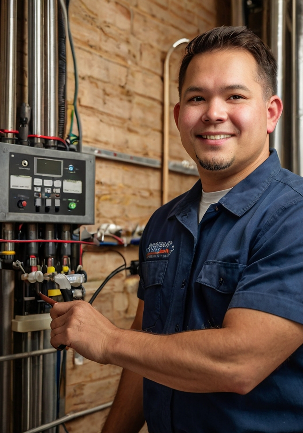 Smiling man engineer next to control panel. About system maintenance and repair.