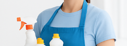 Smiling woman holding cleaning supplies, blue bucket, gloves, and apron.