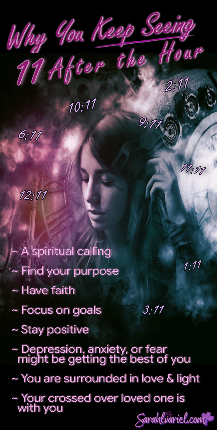 Image with title of post and possible messages of seeing :11 after the hour.  Why Do I Keep Seeing :11 After the Hour?  -A spiritual calling -Find your purpose -Have faith -Focus on goals -Stay positive -Depression, anxiety, or fear may be getting the best of you -You are surrounded in love & light -Your crossed over loved one is with you