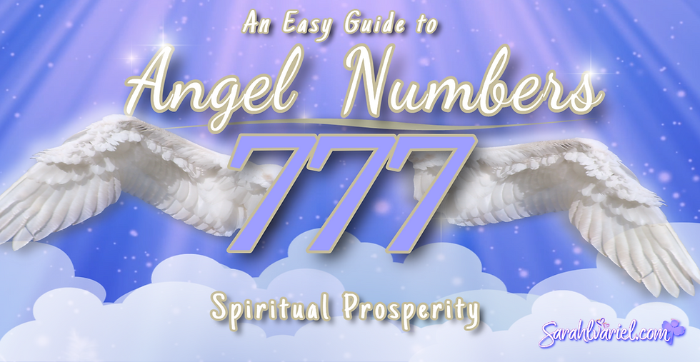 Angel wings on a purple sky backdrop with glowing "777" and text "An Easy Guide to Angel Numbers" and "Spiritual Prosperity."
