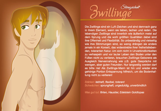 Illustrierte Grußkarte Sterzeichen Zwilling mit Text und Bild