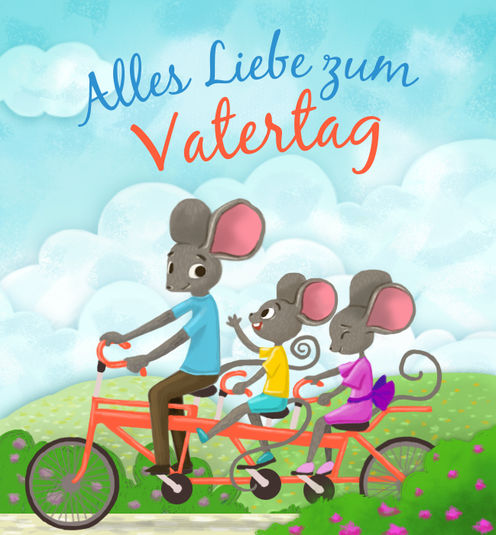 Illustrierte Grußkarte mit Einem Fahrrad und drei Mäusen