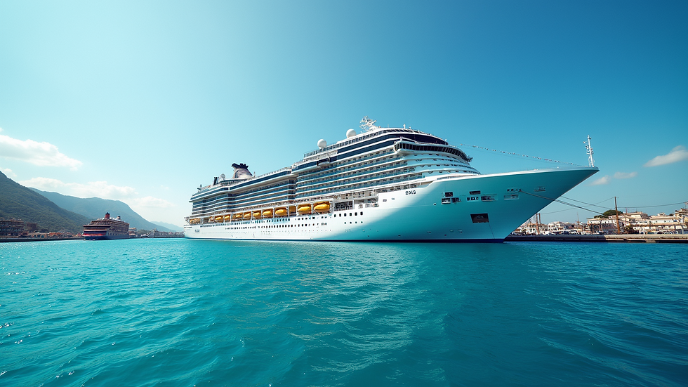 Wide angle view of MSC Seaside docked with vibrant blue ocean