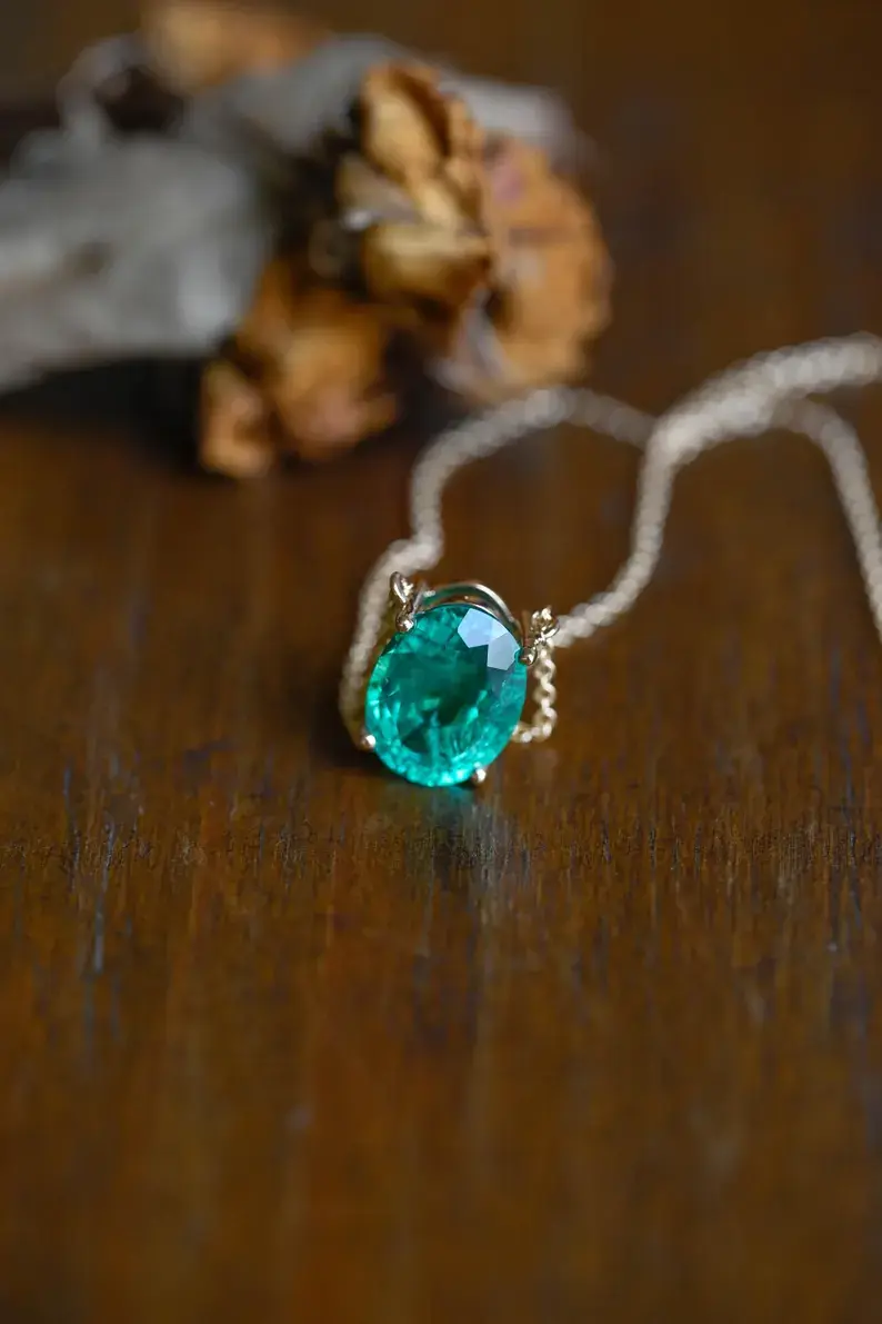 Thumbnail: 1.01CT Green Emerald Oval Cut Pendant For Her