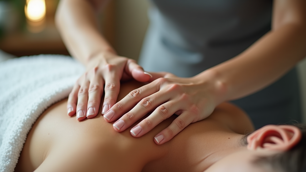 Close-up view of massage therapist’s hands gently massaging a client’s shoulder