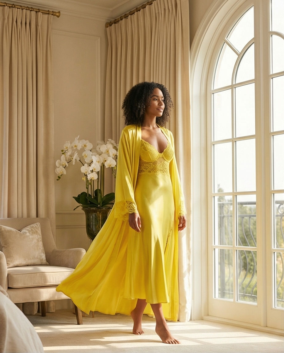 Thumbnail: Yellow Nightwear Set, Women Rope French Lace Sleepwear.