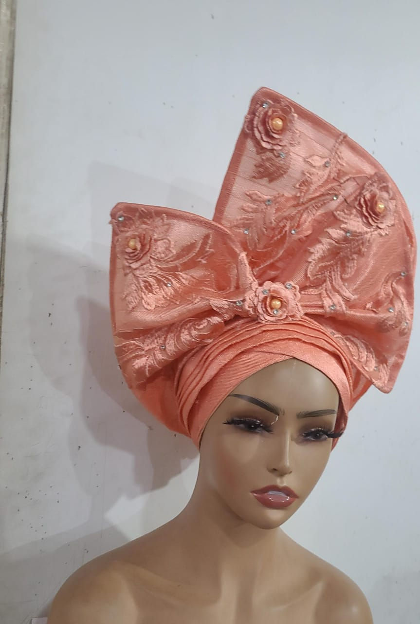 Auto Gele / peach Auto Gele / Wedding Gele.