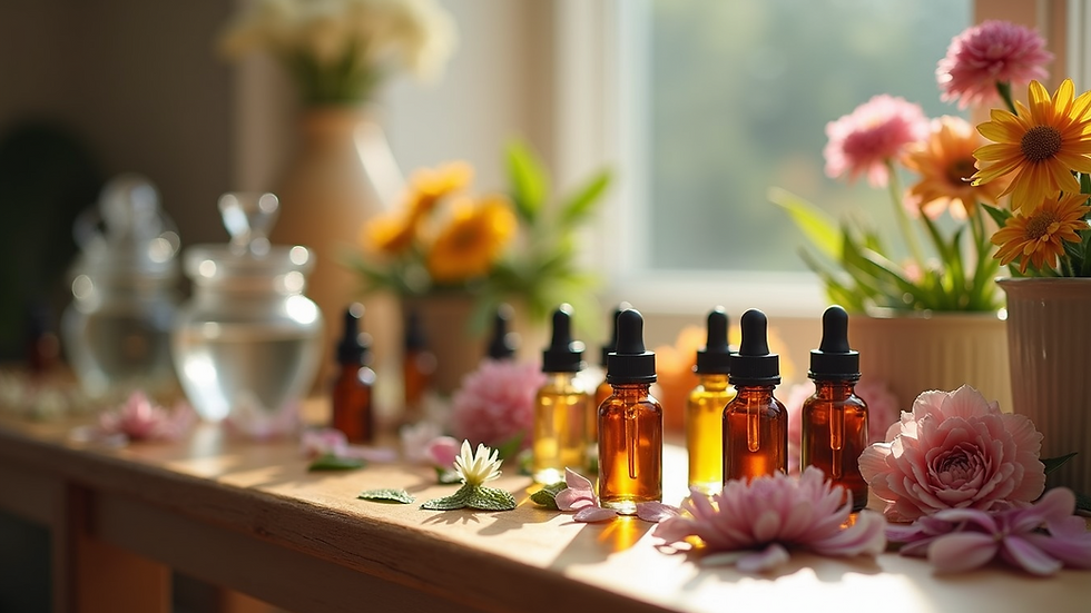 Eye-level view of flower essences on display at a wellness workshop