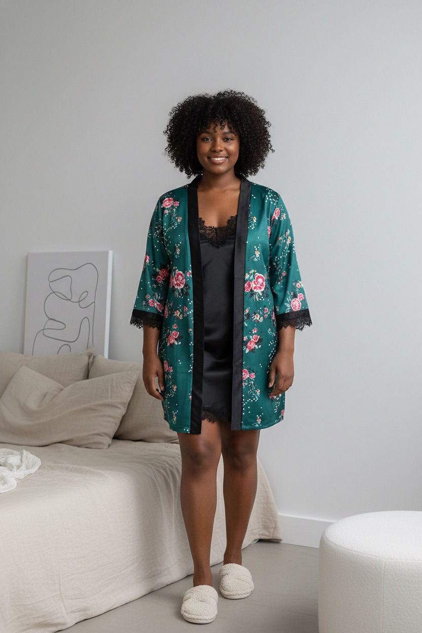 Thumbnail: Nightwear Robe Set , Black and Green sleep Wear
