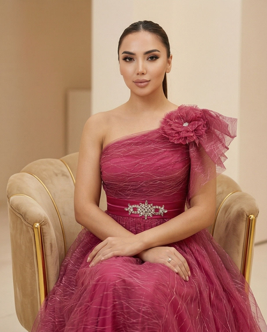 Thumbnail: Pinky One Shoulder Wedding Guest Maxi Dress, Birthday Party  Evening Gown.