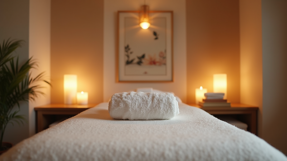 Eye-level view of massage room with a massage table and soft lighting