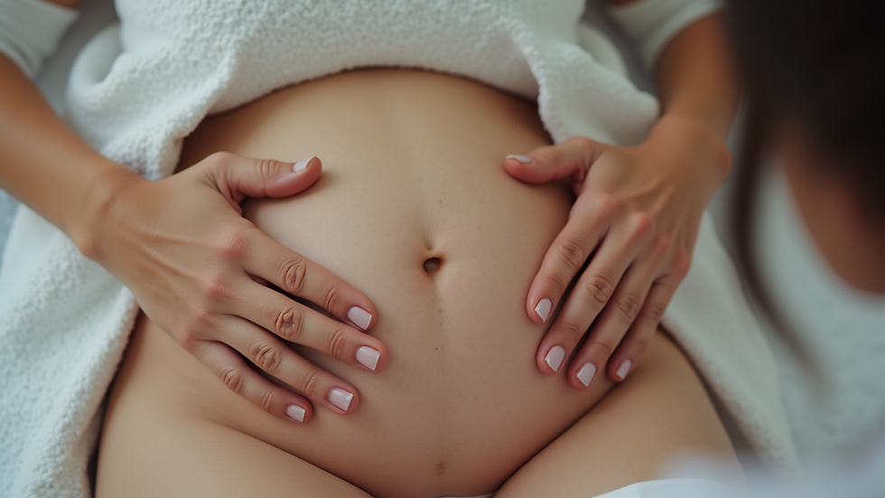 Close-up view of a massage therapist’s hands gently massaging a pregnant woman’s shoulder