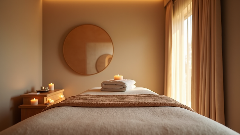 Eye-level view of a massage room with calming decor and a massage table