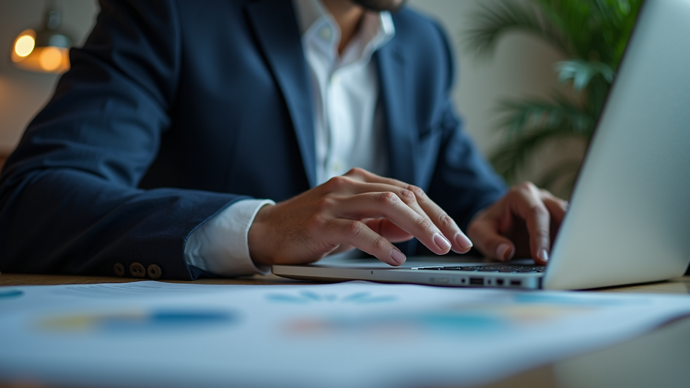 Eye-level view of a business professional analyzing data on a laptop