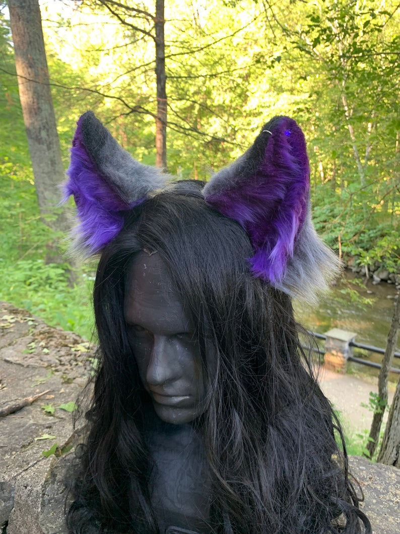 Thumbnail: Asexual Purple and Gray Kitten Ears, Pride 2021 Collection. Handmade Faux Fur Ki