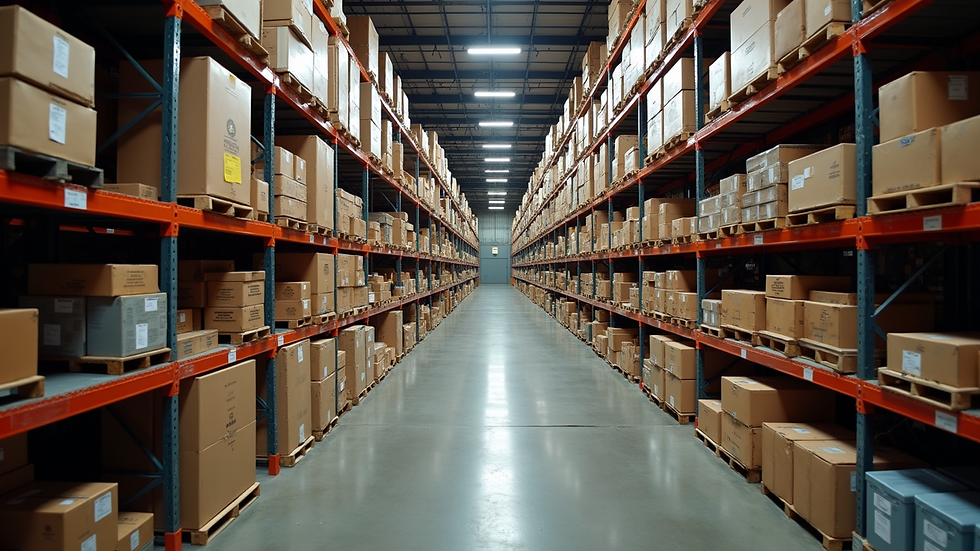 High angle view of a warehouse filled with truck parts boxes and shelves