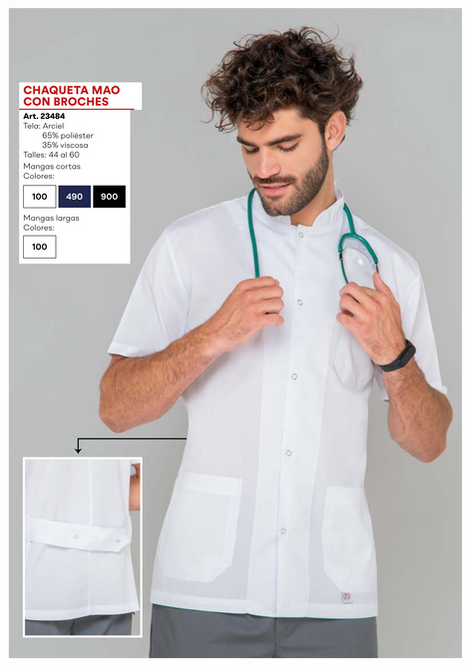 chaqueta de sanidad en tela Arciel, para hombres color blanca con cuello Mao, broches, mangas cortas y vivos