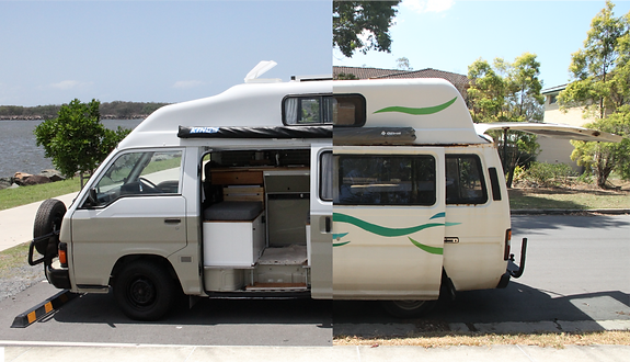 Before and after transformation of Bilbo the van