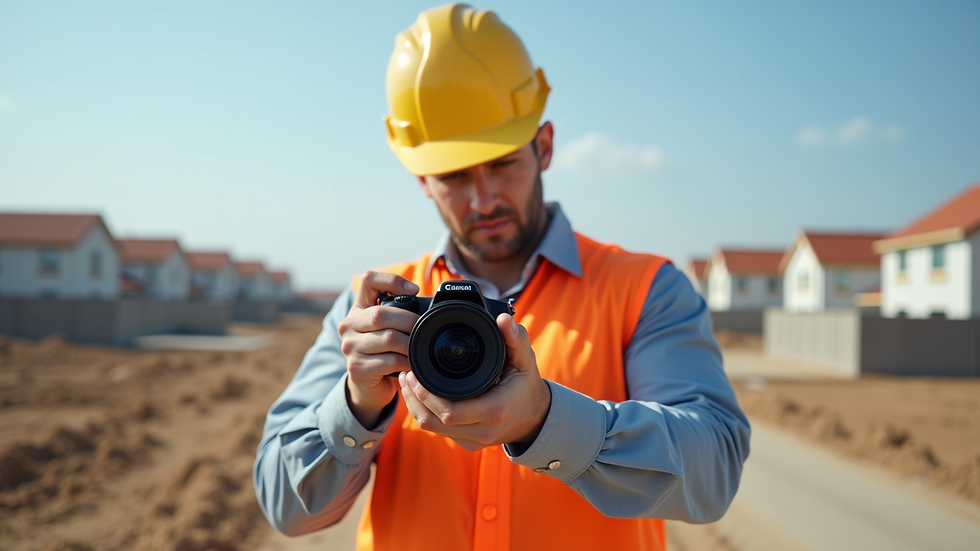 Eye-level view of construction worker inspecting site with camera