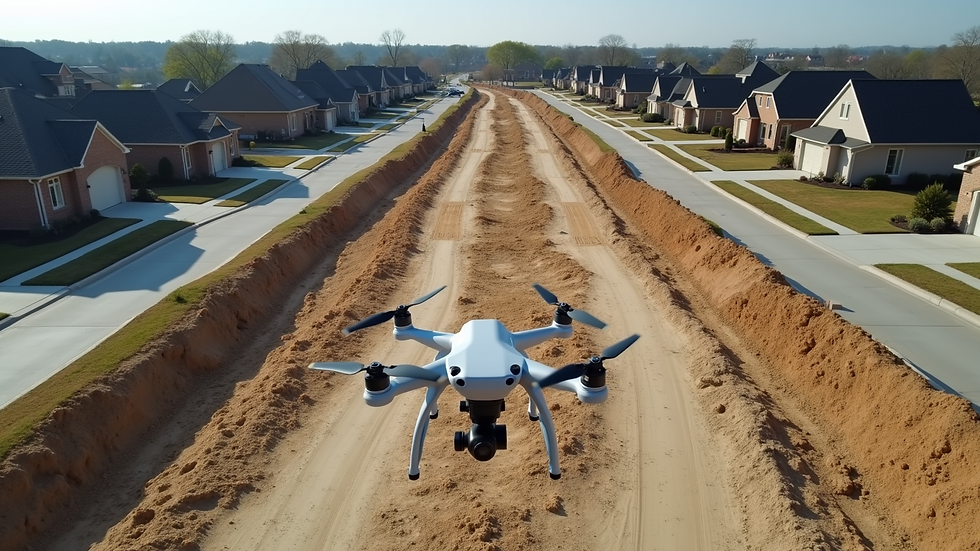 Eye-level view of a drone capturing images over a Dallas construction site