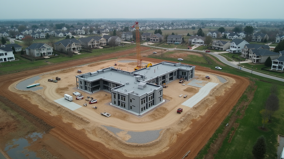 Eye-level view of a drone capturing a construction site from above
