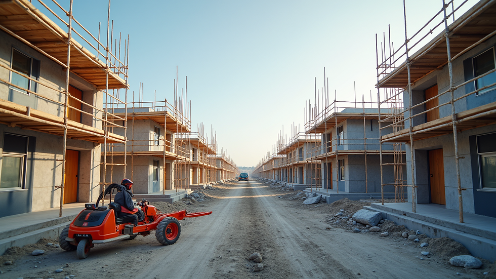 Eye-level view of construction site with scaffolding and machinery