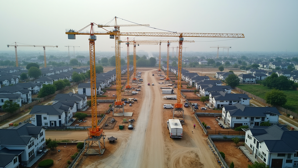 High angle view of a construction site with cranes and machinery