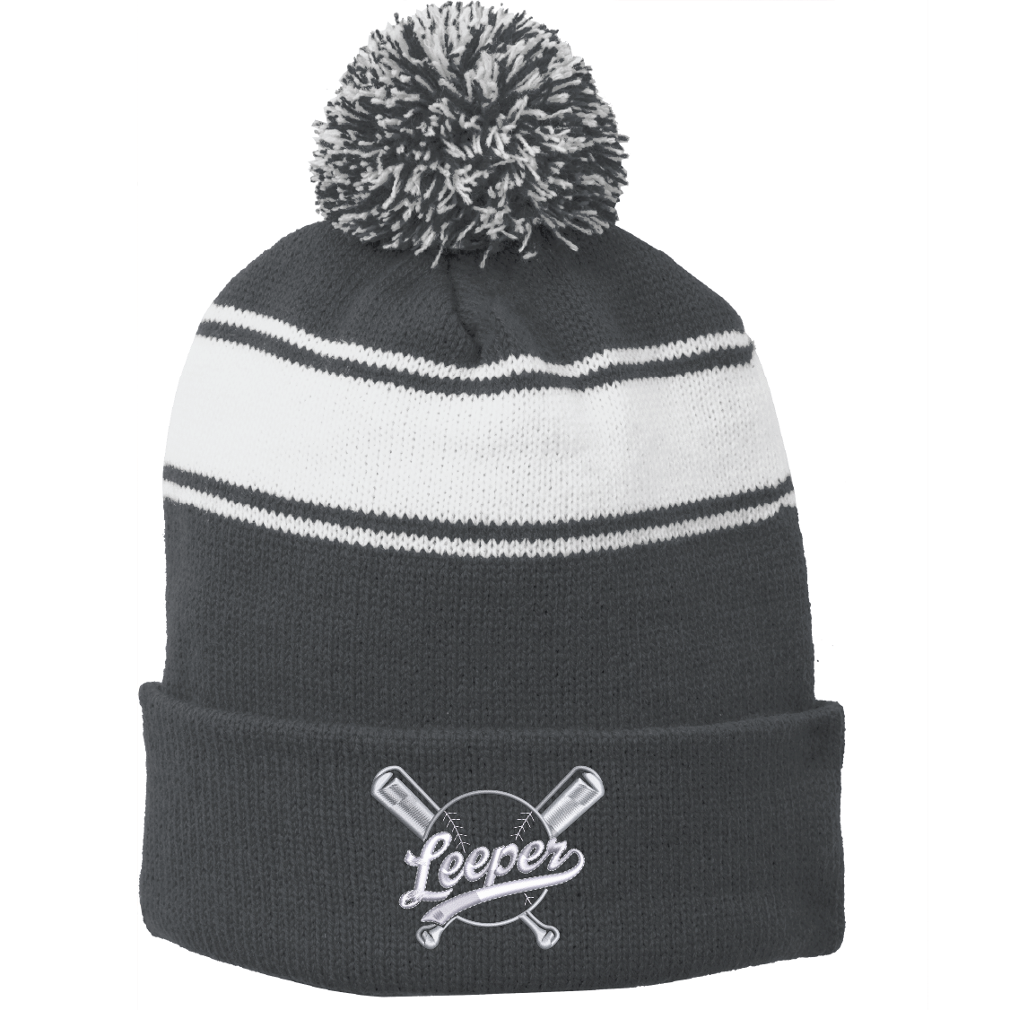 Leeper Baseball "Embroidered" "Bat Logo" Sport-Tek® Stripe Pom Pom Beanie